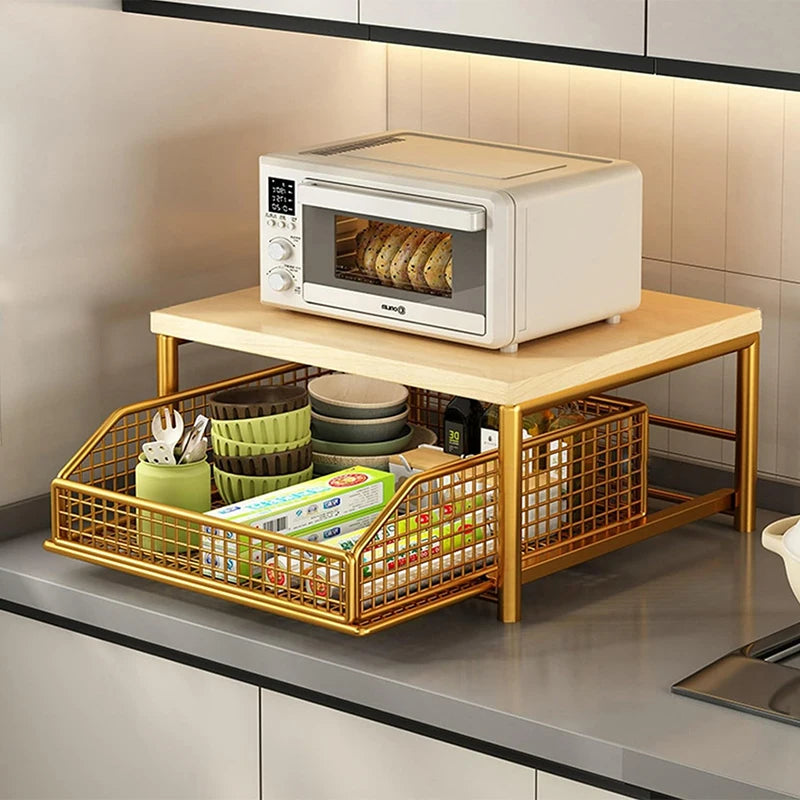 2-Tier Iron Countertop Organizer Shelf with Pull-Out Basket – Multi-Use Stand for Coffee Machine, Microwave & Spices