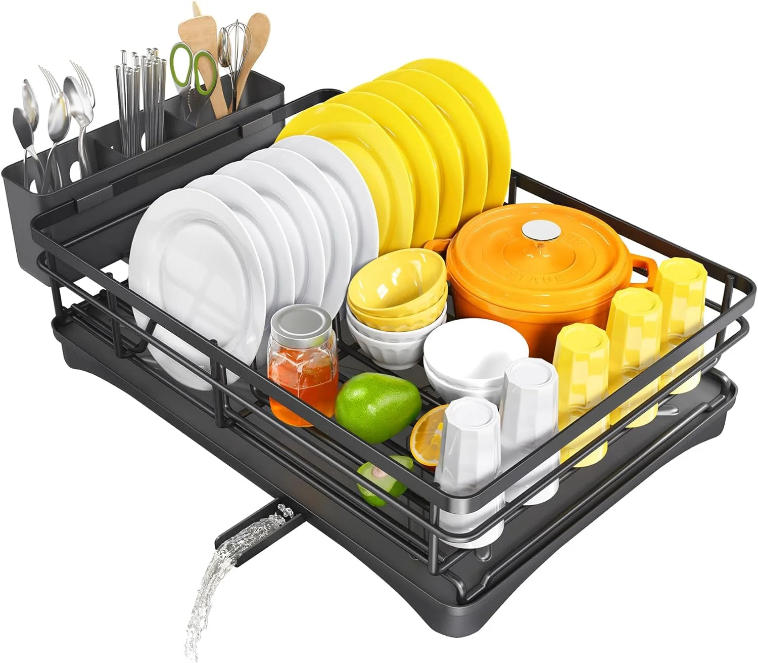 Large Dish Drying Rack with Drainboard — Rustproof Dish Drainer with Utensil Holder