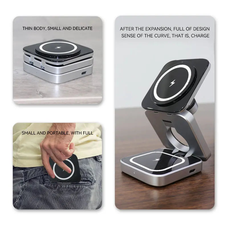 Foldable 3-in-1 Magnetic Wireless Charging Station for iPhone 12–17, Apple Watch & AirPods – Travel Charger