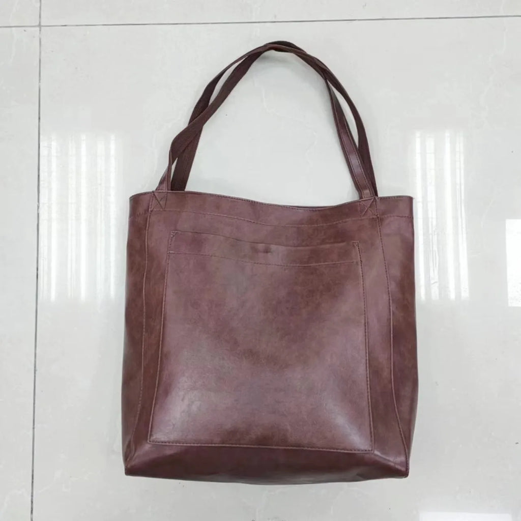SNOWJENNY Retro Waxed PU Large Tote Bag – Commuter Shoulder Handbag with Pockets for Women
