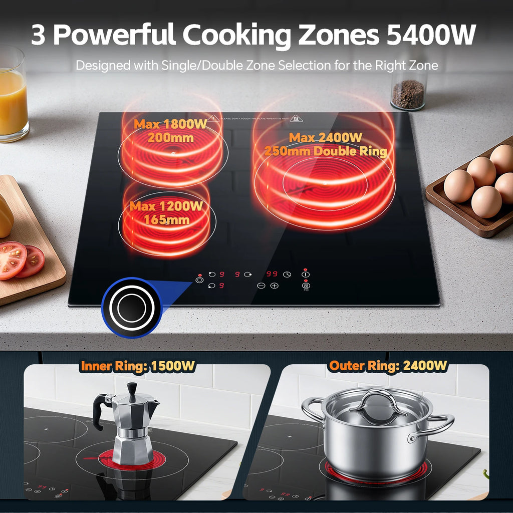 2-Zone Ceramic Hob – 3000W, Child Lock, 9 Heat Levels, 1-99 Min Timer, 60cm Black Glass (CE Certified)