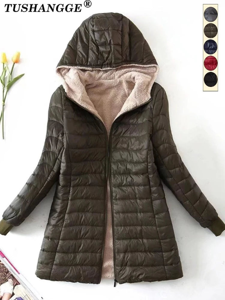 Korean Edition Hooded Women's Fleece Jacket – Mid-Length Warm Parka Coat