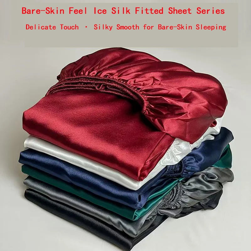 Satin Ice Silk Elastic Fitted Sheet – Solid Color Mattress Cover, No Pillowcase