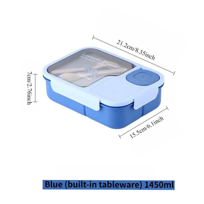Blue lunch box with dimensions on a white background