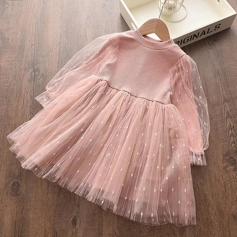 Girls Mesh Cotton Long Puff Sleeve Princess Dress — Cute Costume Dress for Kids