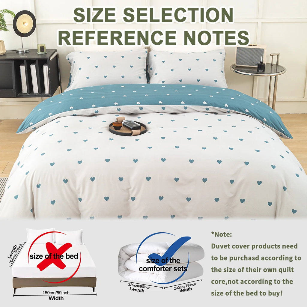 Heart Print Duvet Cover Set – Soft 3-Piece Bedding with 2 Pillowcases, 3 Colors & 11 Sizes