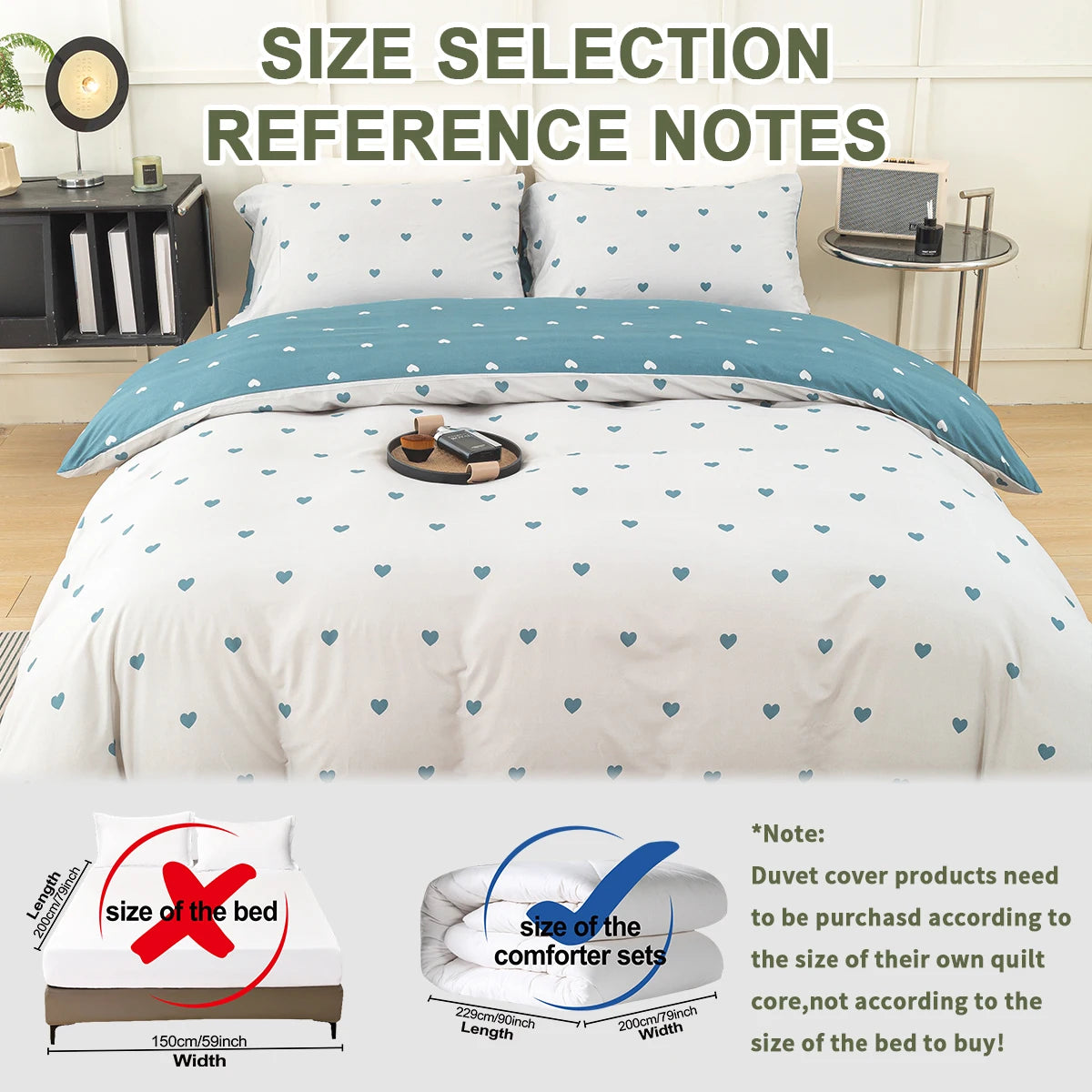 Heart Print Duvet Cover Set – Soft 3-Piece Bedding with 2 Pillowcases, 3 Colors & 11 Sizes