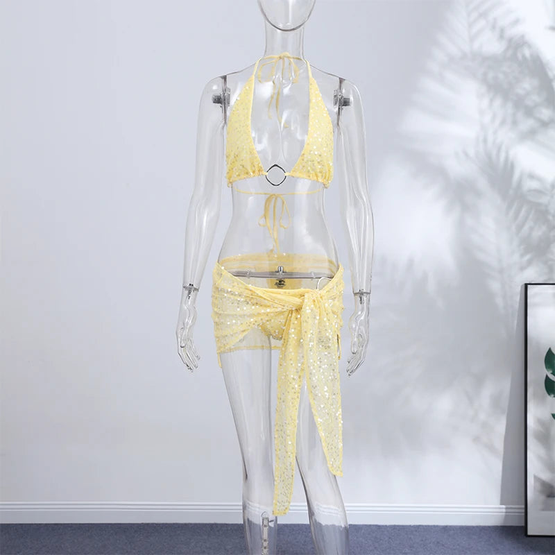 Shiny Sequins Bikini Suit | 3-Piece Hollow-Out Halter, Lace-Up Corset & Mini Skirt, 2026 Summer Beachwear