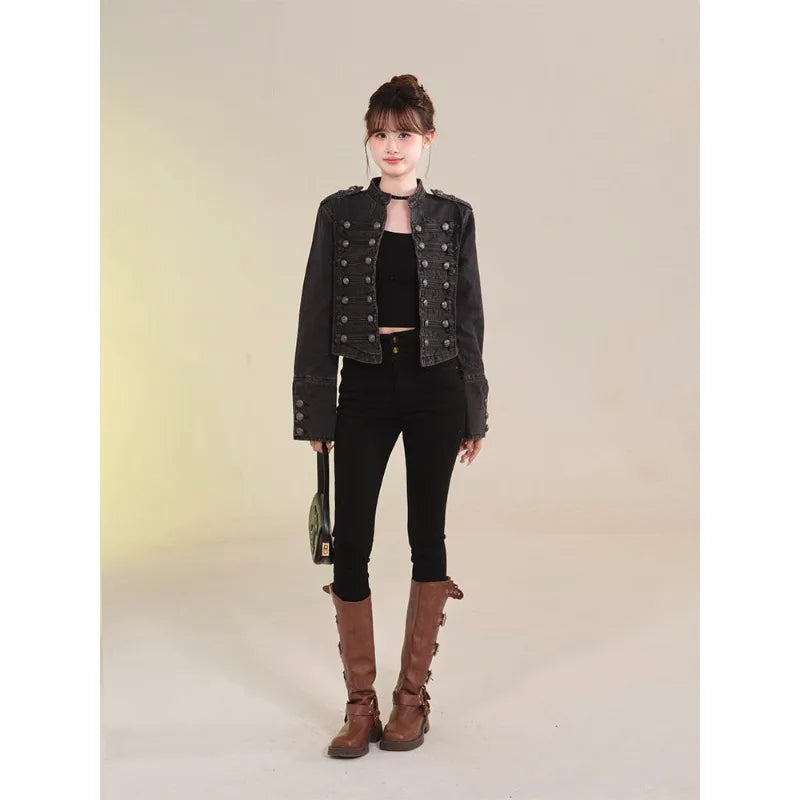 Women's Retro Button Slim Stand Collar Denim Jacket – Short Jean Coat in Black