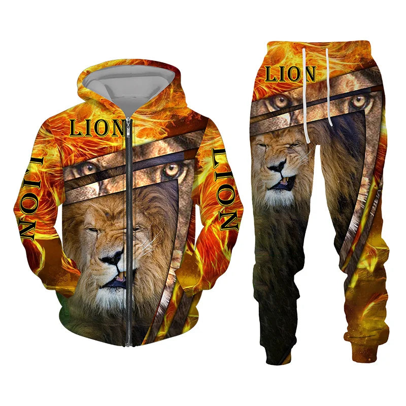 Men's 3D Lion Print Zip-Up Hoodie & Elastic Waist Pants Tracksuit Set