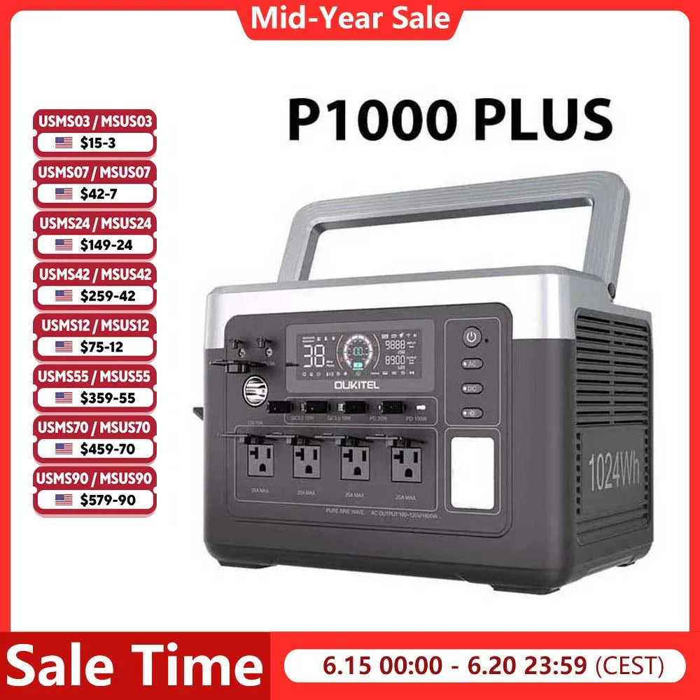 OUKITEL P1000 PLUS Portable Power Station — 1800W 1024Wh LiFePO4 Solar Generator with App Control