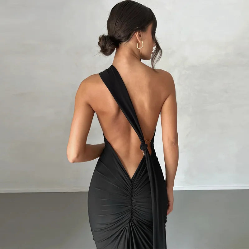 Backless Ruched Slim Bodycon Maxi Dress — Elegant Formal Wedding Guest Evening Dress