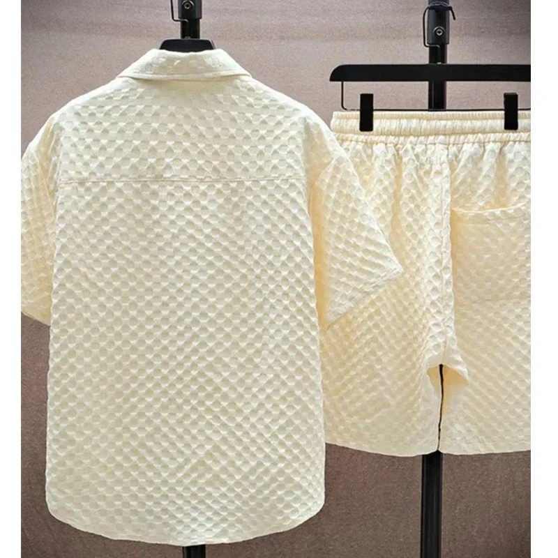 Men's Ice Silk Plaid Lapel Shirt & Shorts Set – Korean Luxury Casual Oversize 2-Piece