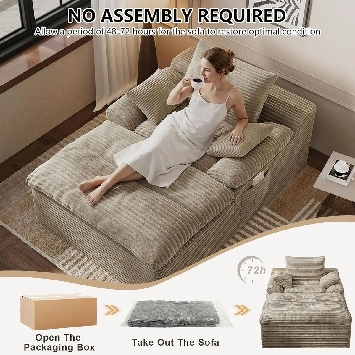 Oversized Corduroy Chaise Lounge with Cup Holders