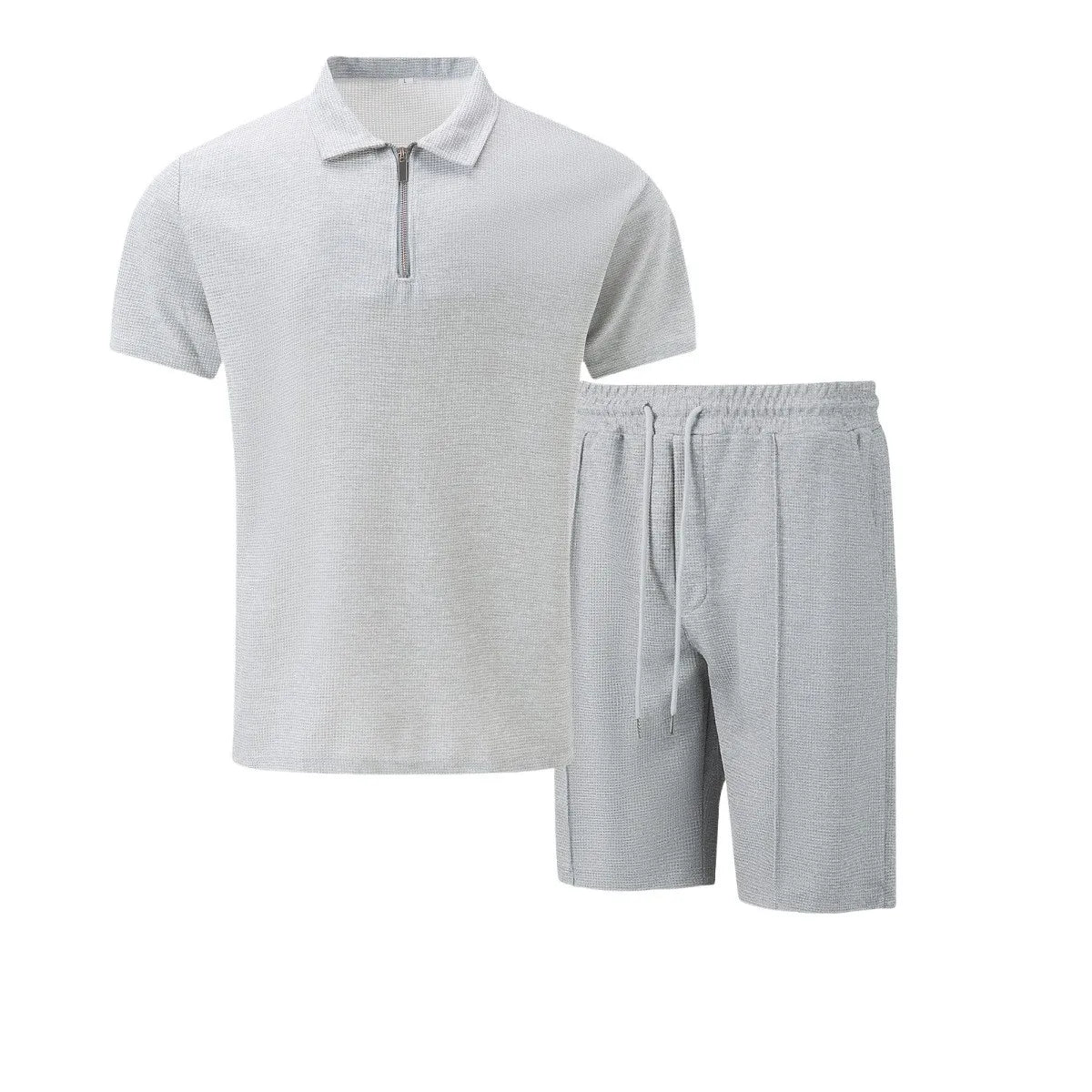 Men's Waffle Solid Color Zip Lapel Short Sleeve & Shorts Set – European Summer 2-Piece Suit