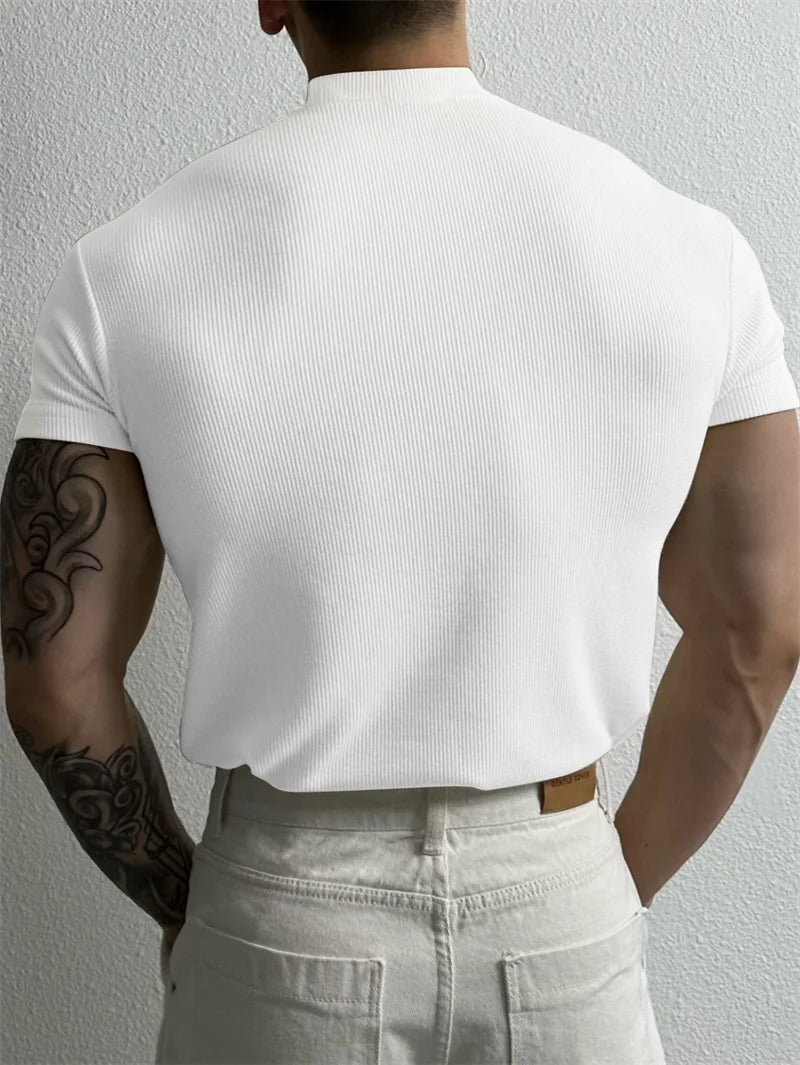Men's Striped High Collar Short Sleeve Fitness Top — Athletic Training Shirt