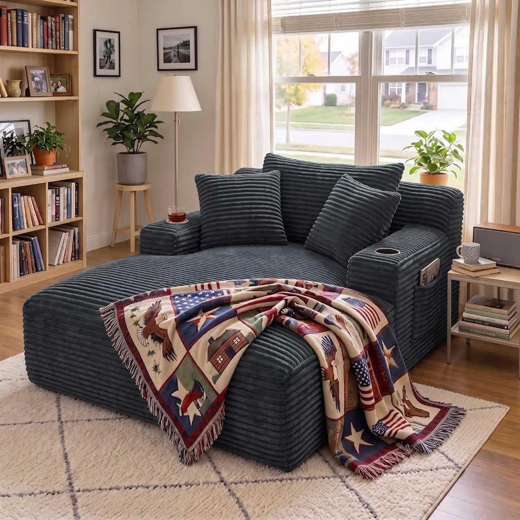 66-Inch Corduroy Chaise Lounge with 3 Pillows