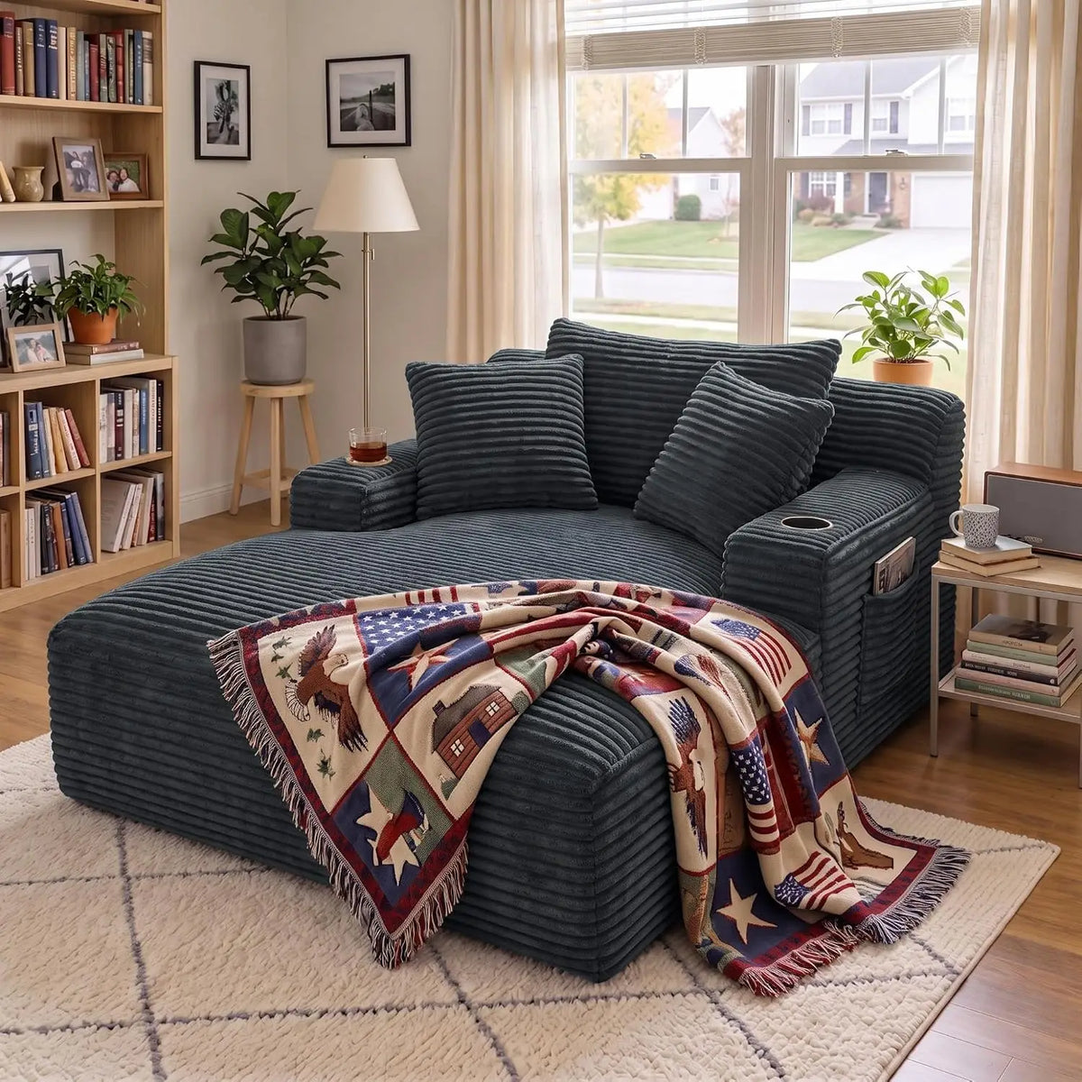 66-Inch Corduroy Chaise Lounge with 3 Pillows