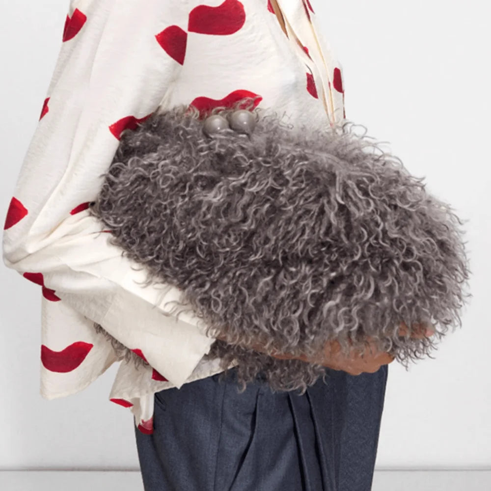 Women kisslock Faux Fur Clutch bag winter warm dark grey pouch frame clasp bag with chain crossbody