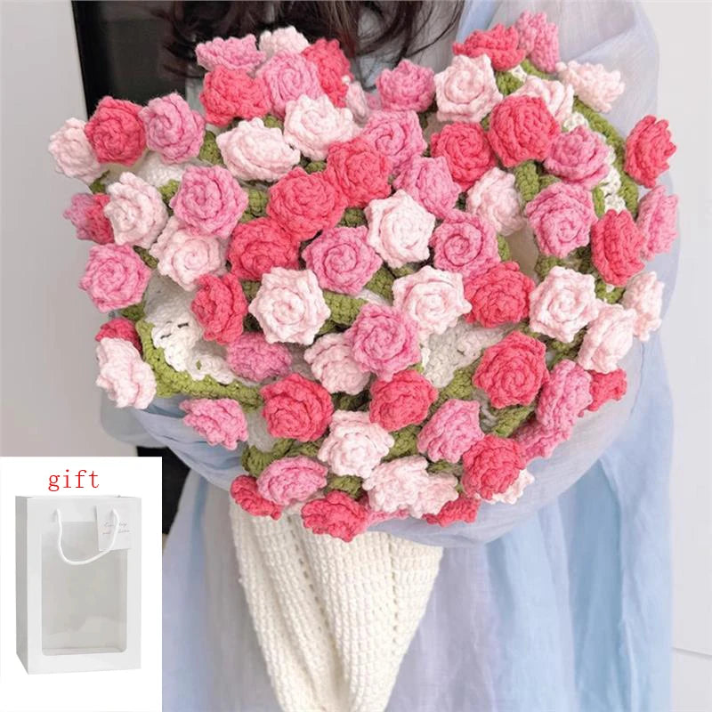 Rose Blanket Bouquet – Handmade Crochet Roses with Gift Bag, Valentine's Day & Birthday Gift for Girlfriend