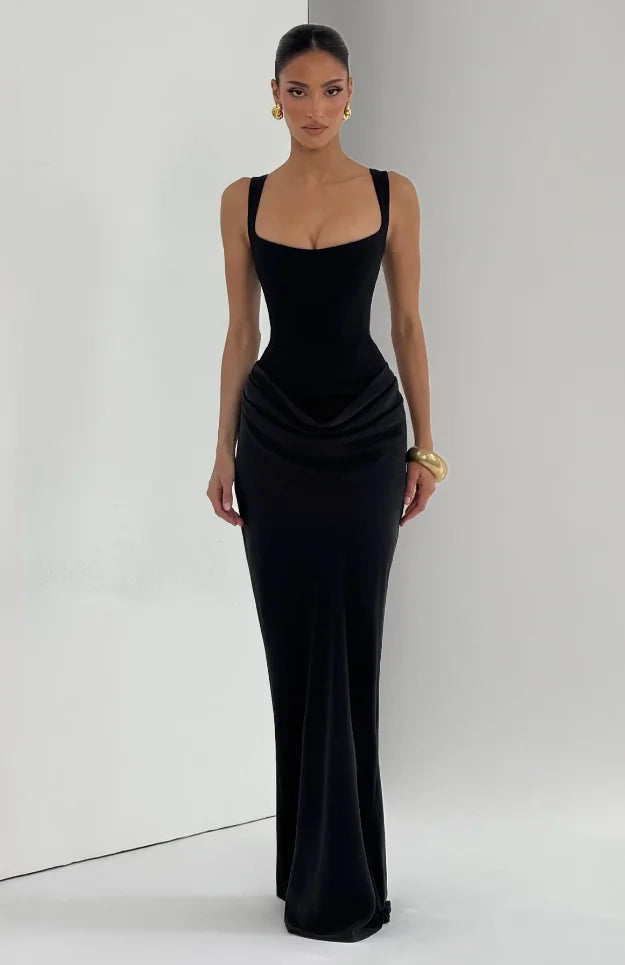 Square Neck Pleated Sling Dress — Off-Shoulder Waist-Cinching Slim Evening Gown