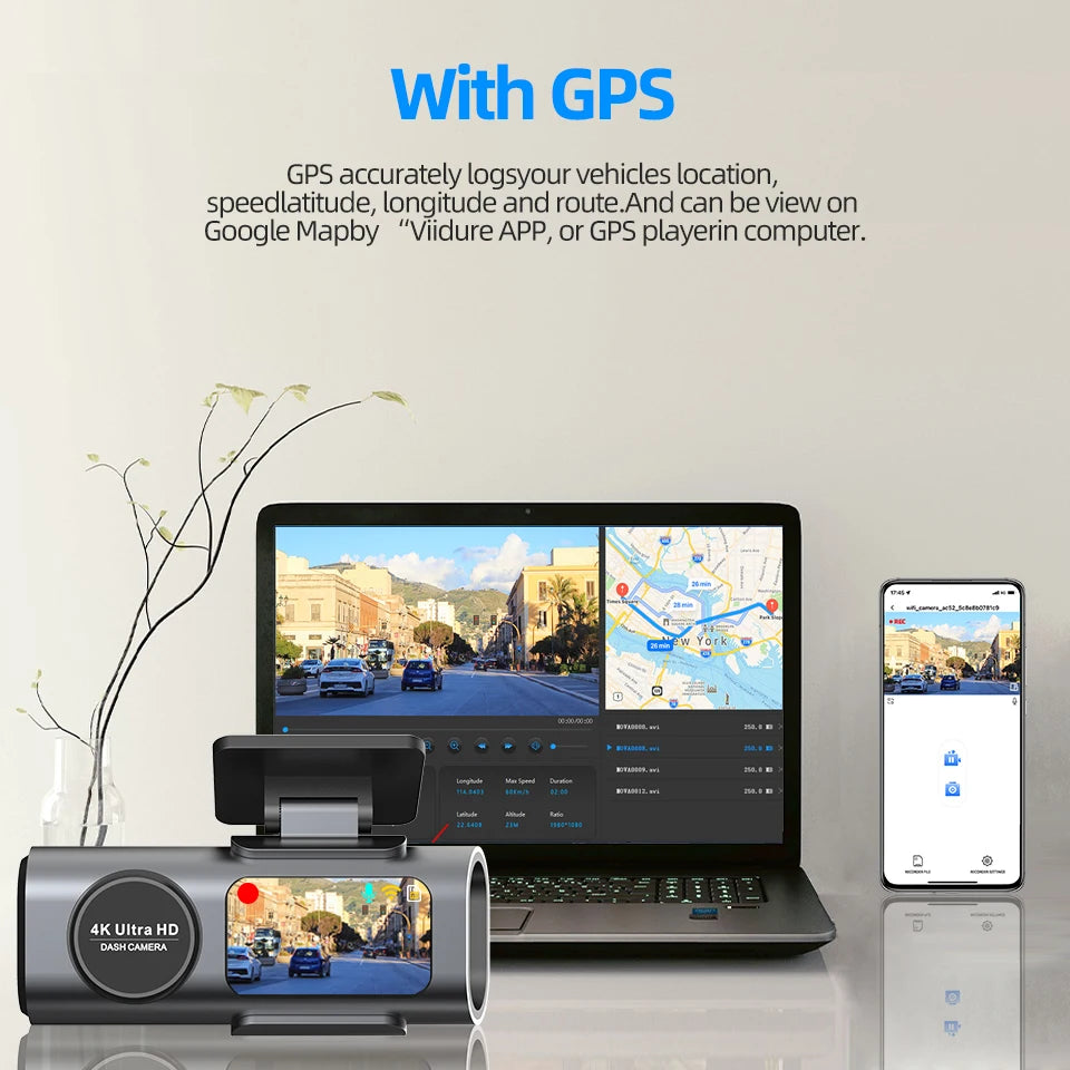 Dash Cam 4K UHD — Night Vision, Wi-Fi, GPS, 24H Parking Monitor, Front & Rear