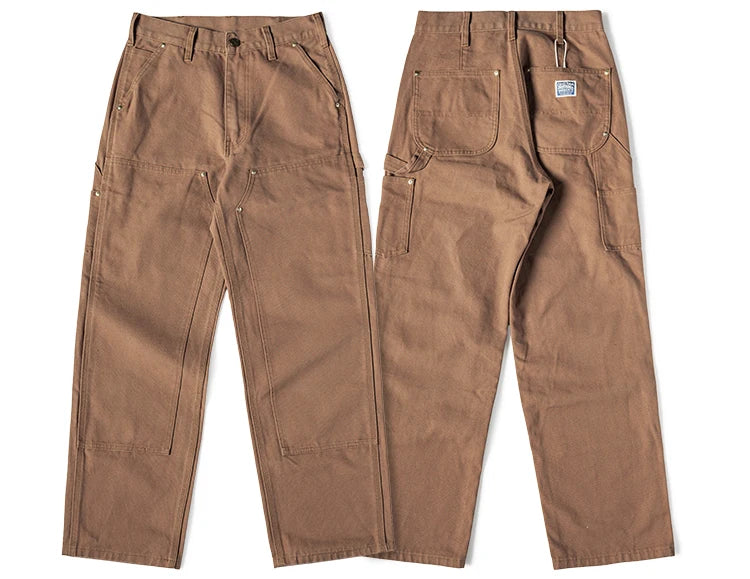 A pair of brown work pants shown from both the front and back angles, laid flat against a white background.