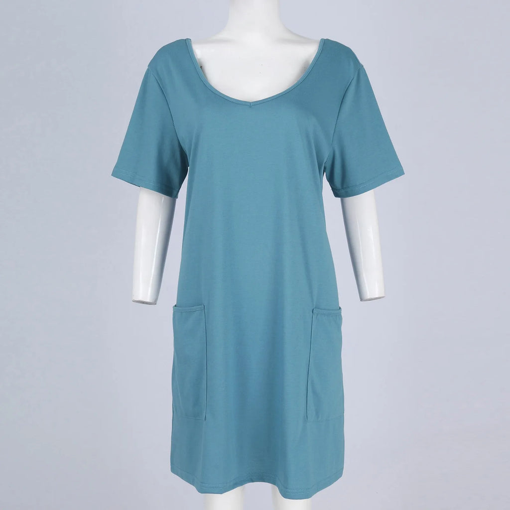 Solid Color Pocket Casual Sports Dress — Short Sleeve O-Neck A-Line Knee-Length Dress
