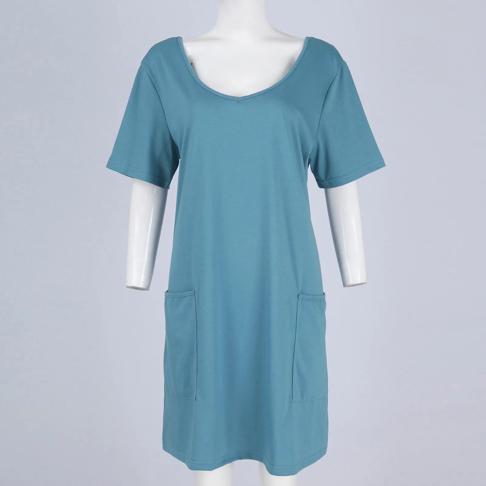 Solid Color Pocket Casual Sports Dress — Short Sleeve O-Neck A-Line Knee-Length Dress
