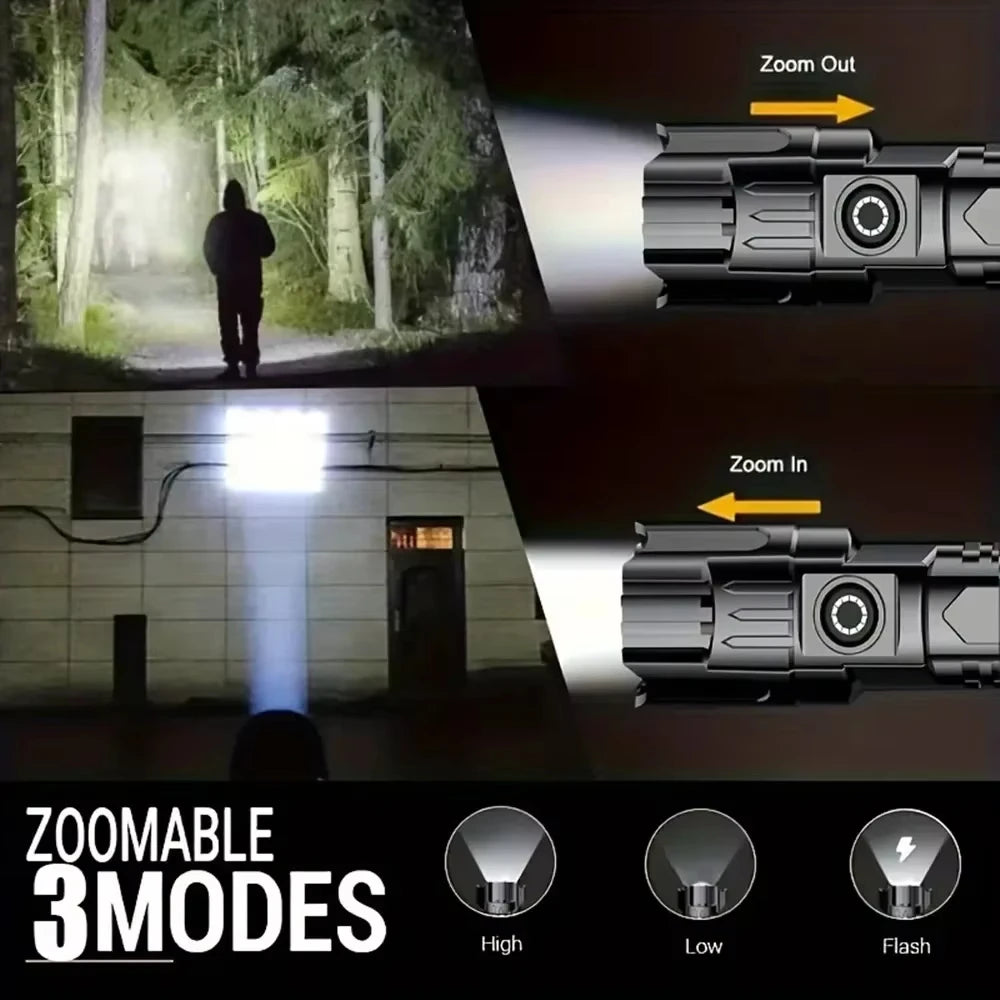 Zoomable LED Flashlight – USB-C Rechargeable, 3 Modes, Waterproof, 8–12hr Runtime for Camping & Hunting