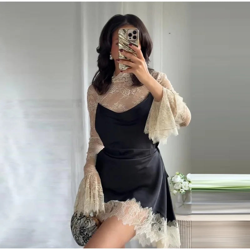 Lace Trim Satin Mini Dress — High Neck Color Block Y2K Party Clubwear