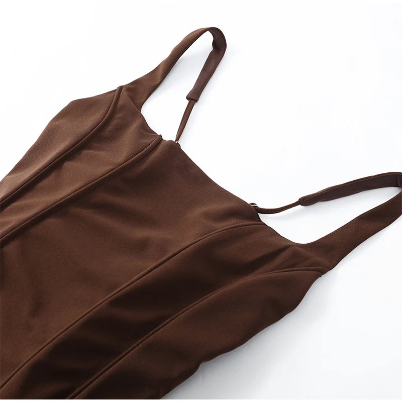Brown Square-Neck Pleated Mini Dress — Sleeveless Backless Bodycon Club Dress