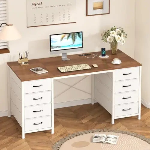 50-Inch Computer Desk with 8 Fabric Drawers & Power Outlets — L-Shape Home Office & Gaming Desk