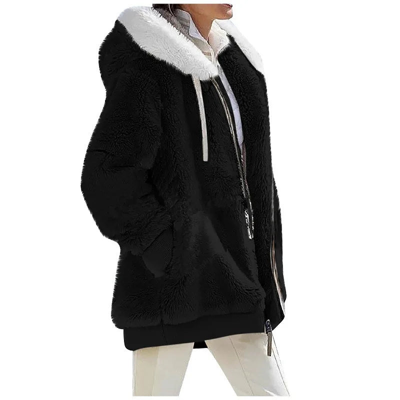 Women's Hooded Zip-Up Fleece Jacket – Loose Casual Solid Color Coat