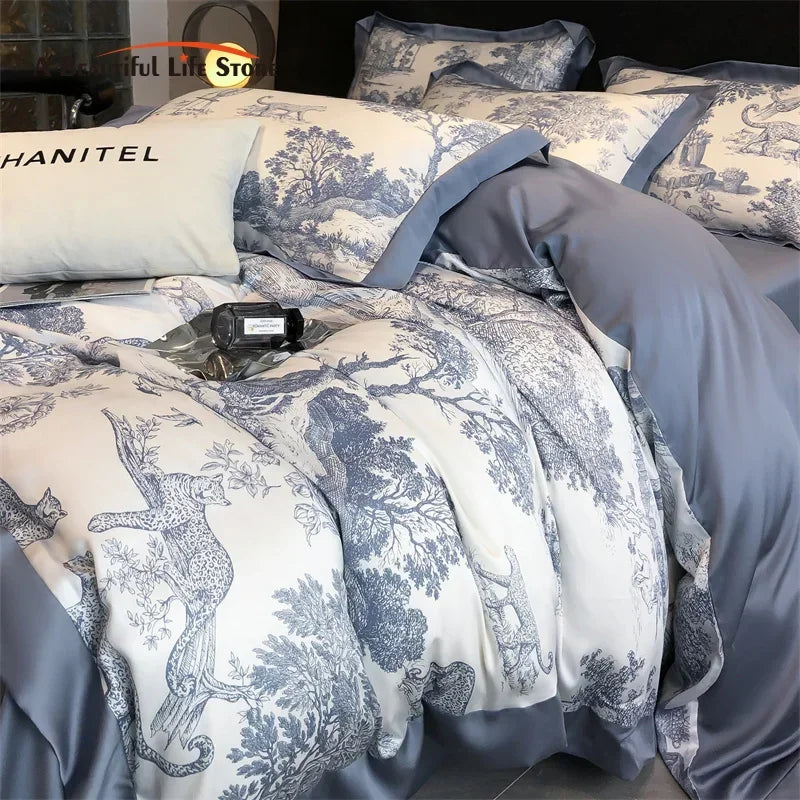 Eucalyptus Lyocell Bedding Set – Silky Soft Forest & Leopard Print Duvet Cover, Bed Sheet & Pillowcases