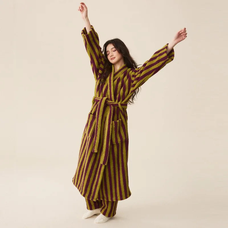 Women's Coral Velvet Striped Fleece Robe | Thick Plush Dressing Gown Loungewear