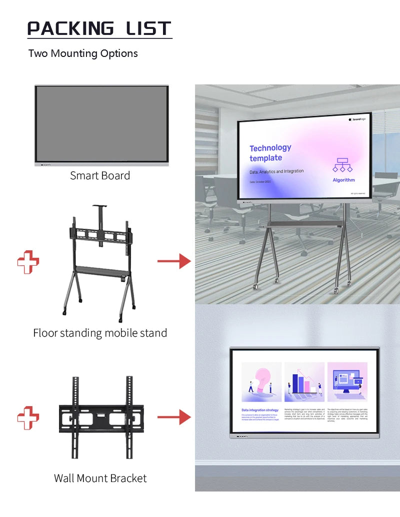 TouchWo 4K Interactive Whiteboard Smart Board – 65"/75"/86", 20-Point Touch, Android/Win i3/i5/i7, On Wheel