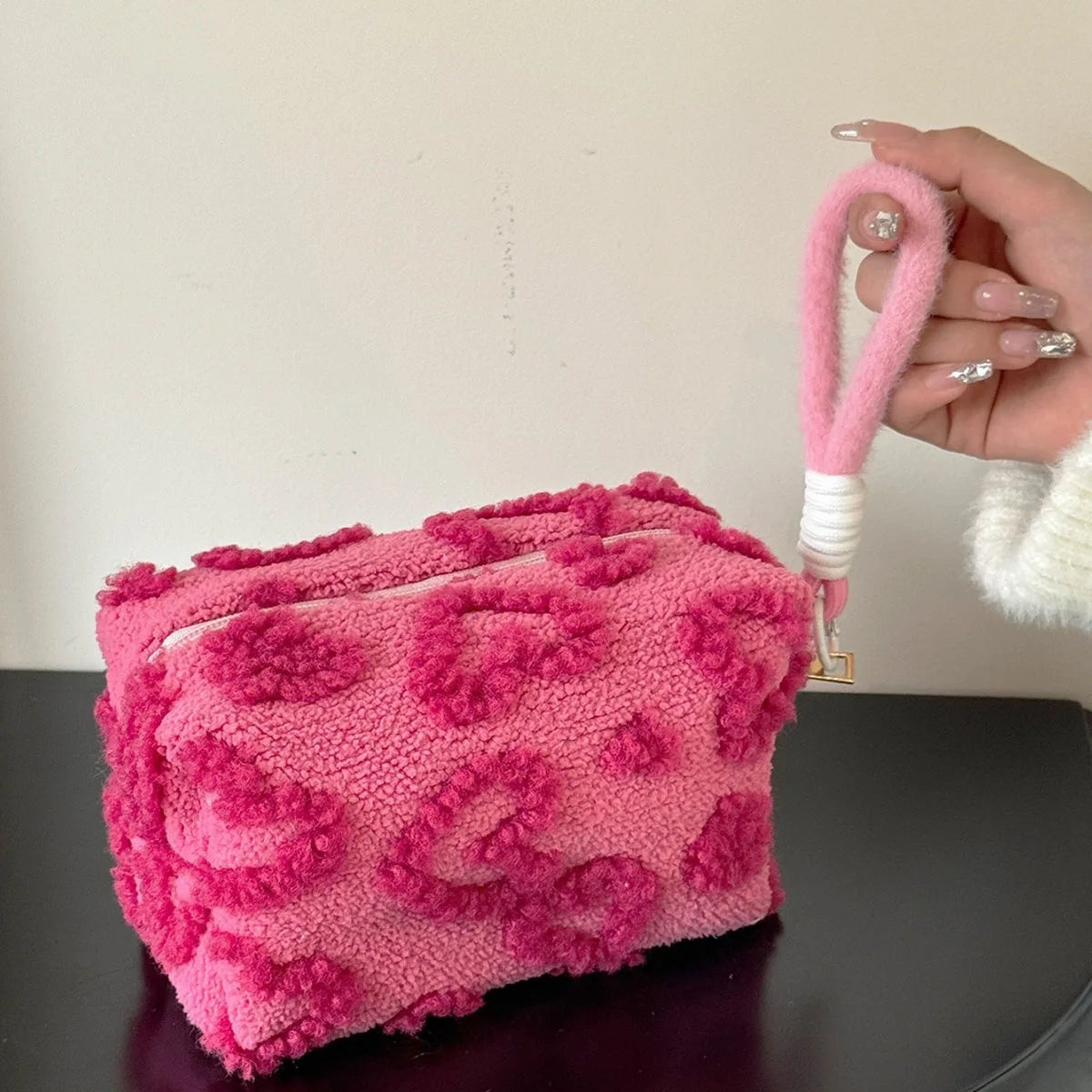 Plush Makeup Bag with Handle – Soft Love Print Travel Cosmetic Organizer & Pencil Case Clutch