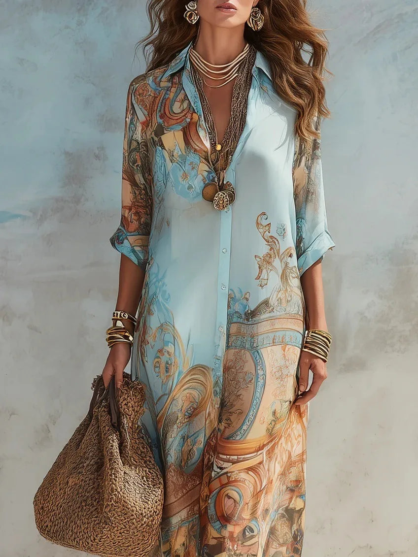 Chiffon Digital Print Shirt Dress — Turndown Collar Boho Flowy Casual Dress