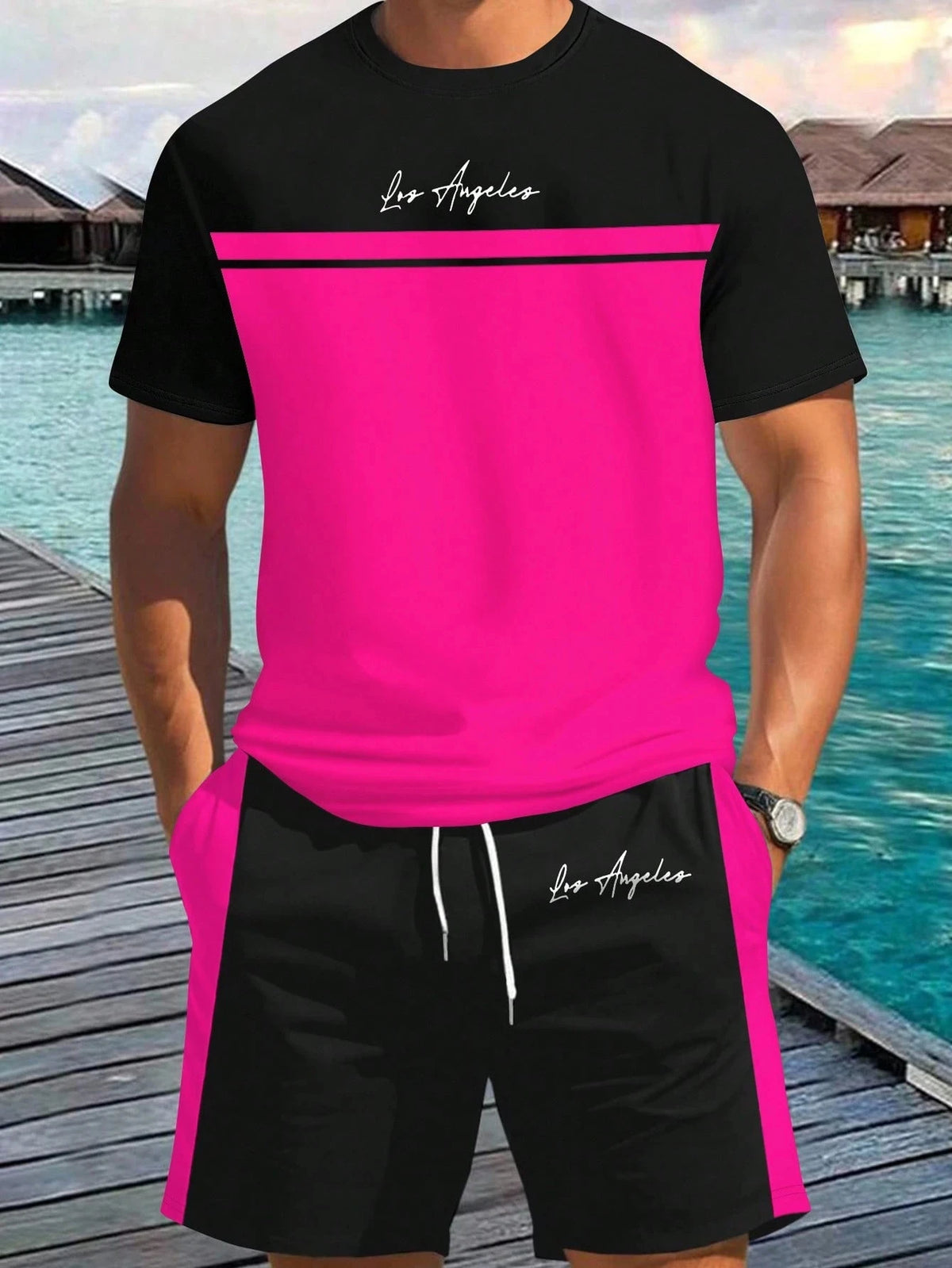 Men's Letter Print T-Shirt & Shorts Set – Beach Vacation Summer Co-Ord