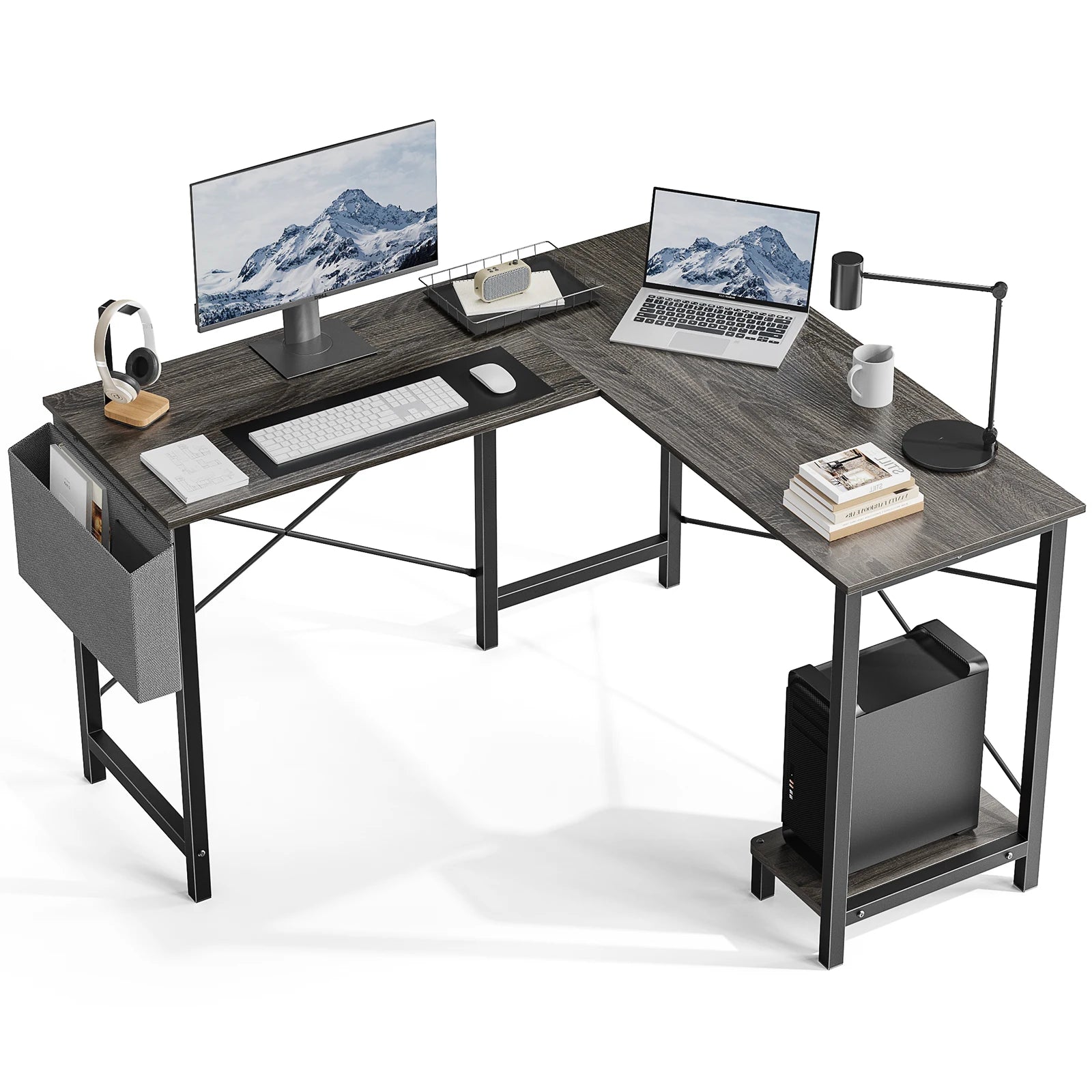 JHK Gaming Corner 50 Inch Office Writing PC Wooden Table with CPU Storage Shelf & Side Bag for Home Office Bedroom Small Space