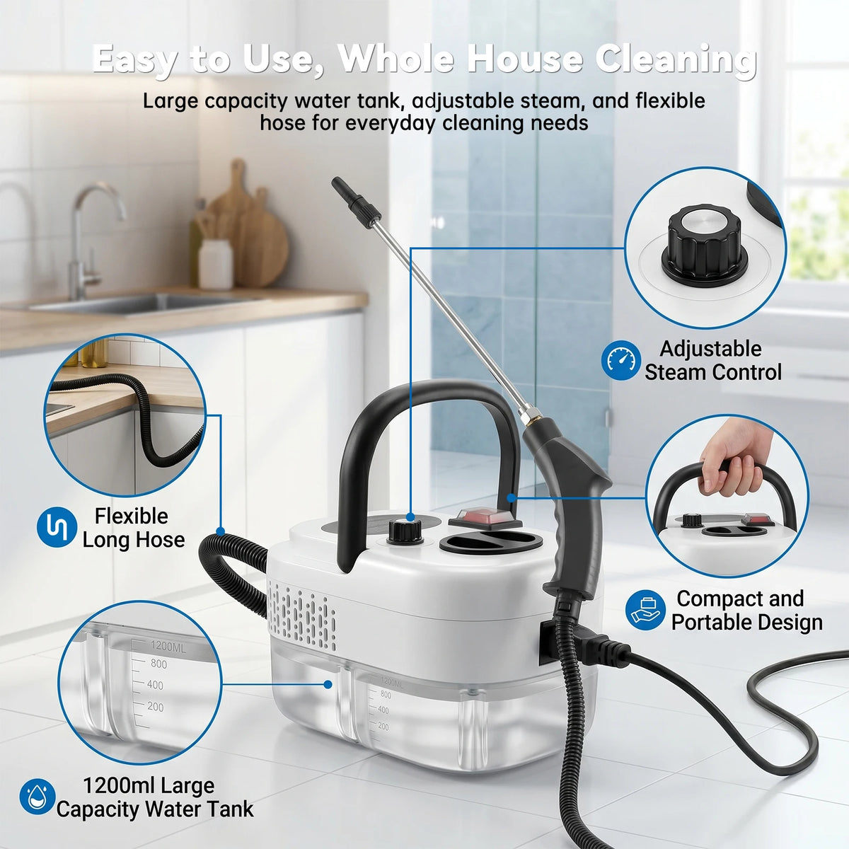 Handheld Steam Cleaner – 2500W, 6 Levels & 1.2L Tank