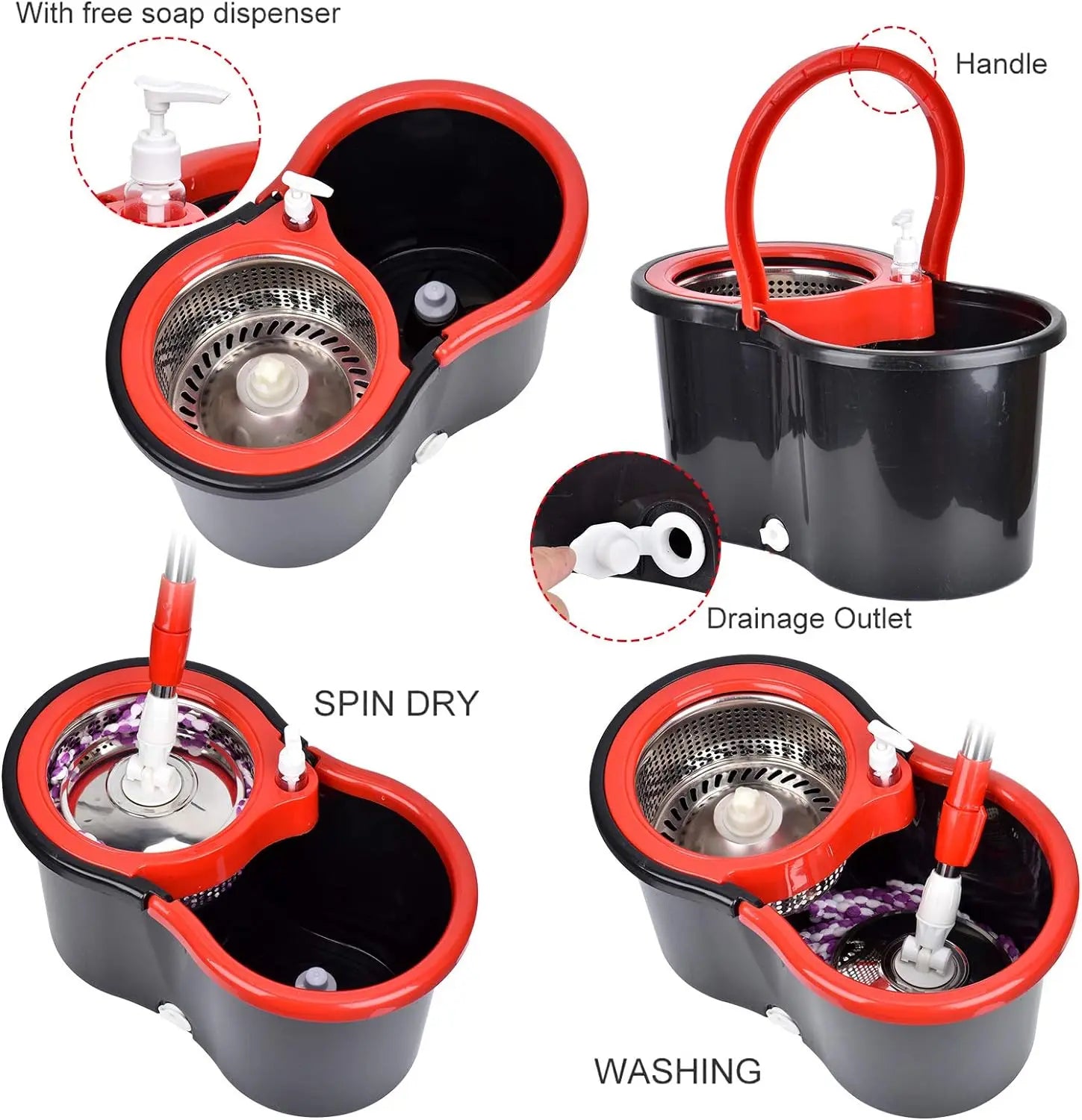 360° Spin Mop & Bucket Set — 3 Microfiber Heads, Stainless Steel Basket, 61" Adjustable Handle