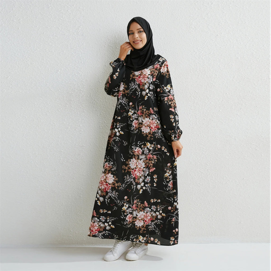 Muslim Floral Printed Full Sleeve Maxi Robe — Loose Modest Long Casual Dress