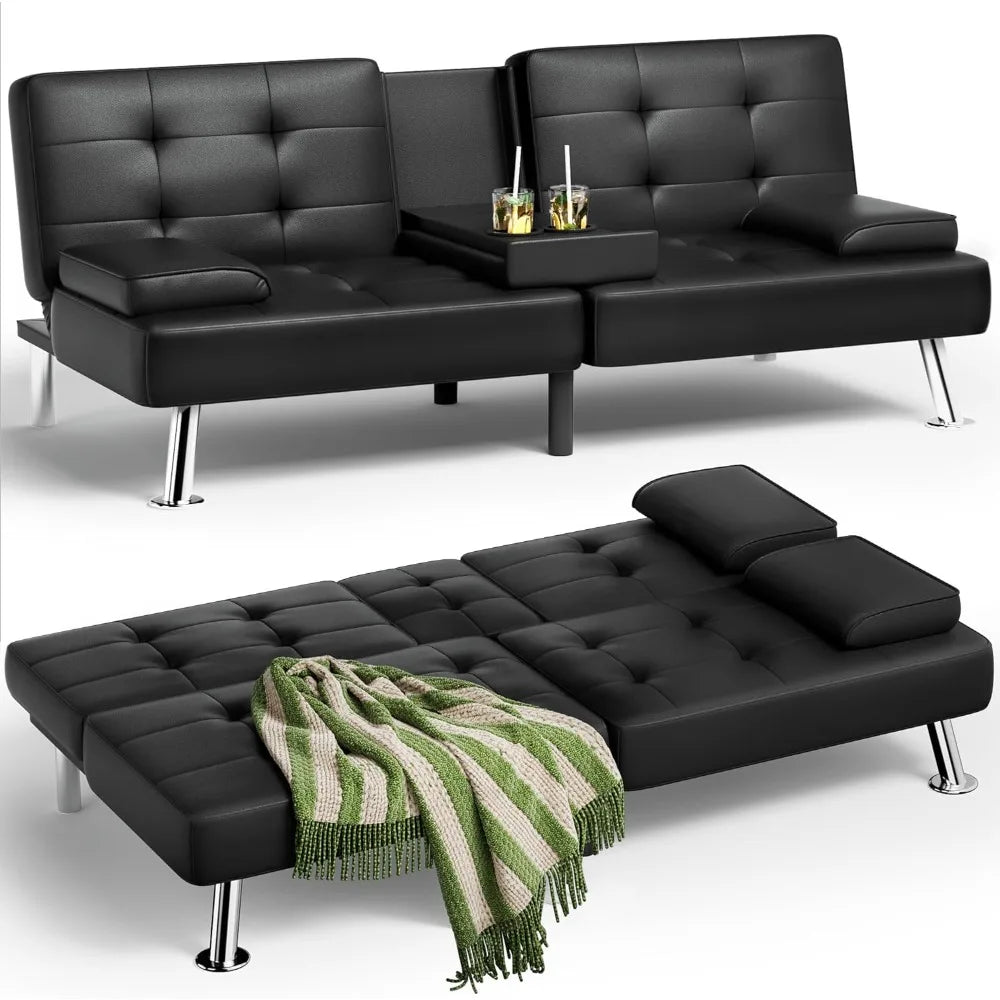 Leather Futon Sofa Bed with Detachable Armrests & Cup Holders