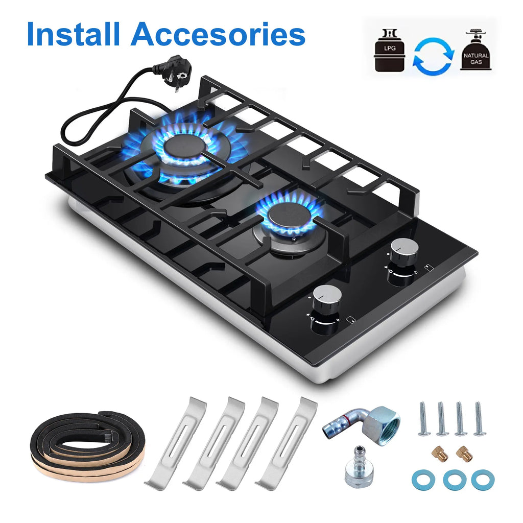 EU Certified 2-Burner Gas Hob – 30cm Tempered Glass, Dual Fuel NG/LPG, 5200W, Flame Failure Safety, Black