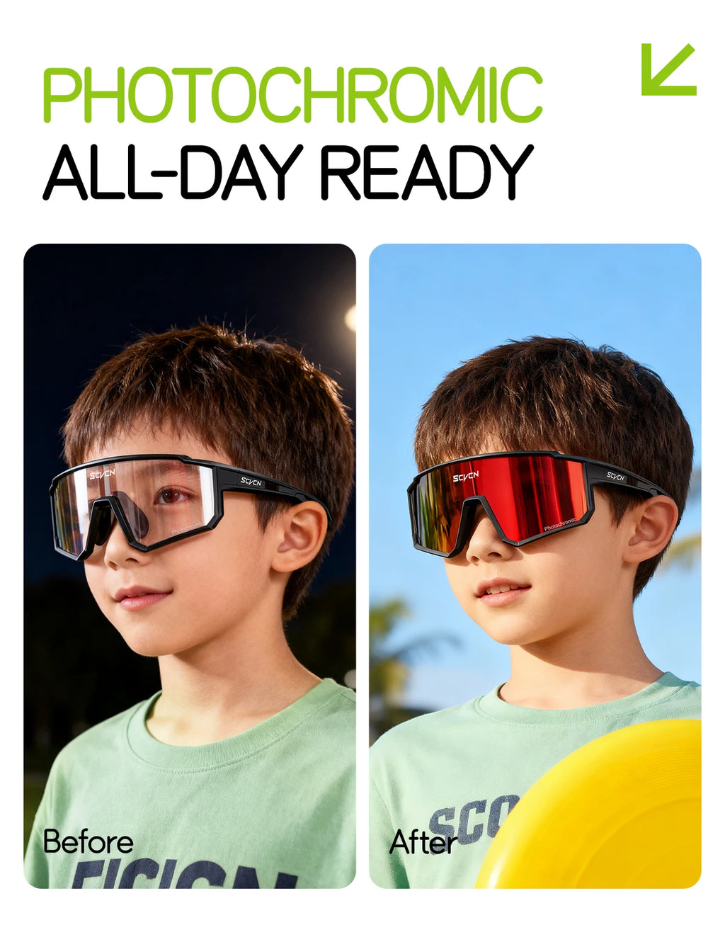 SCVCN Kids Photochromic Sport Sunglasses | UV400 Boys Girls Outdoor Skateboarding Bike Golf Eyewear