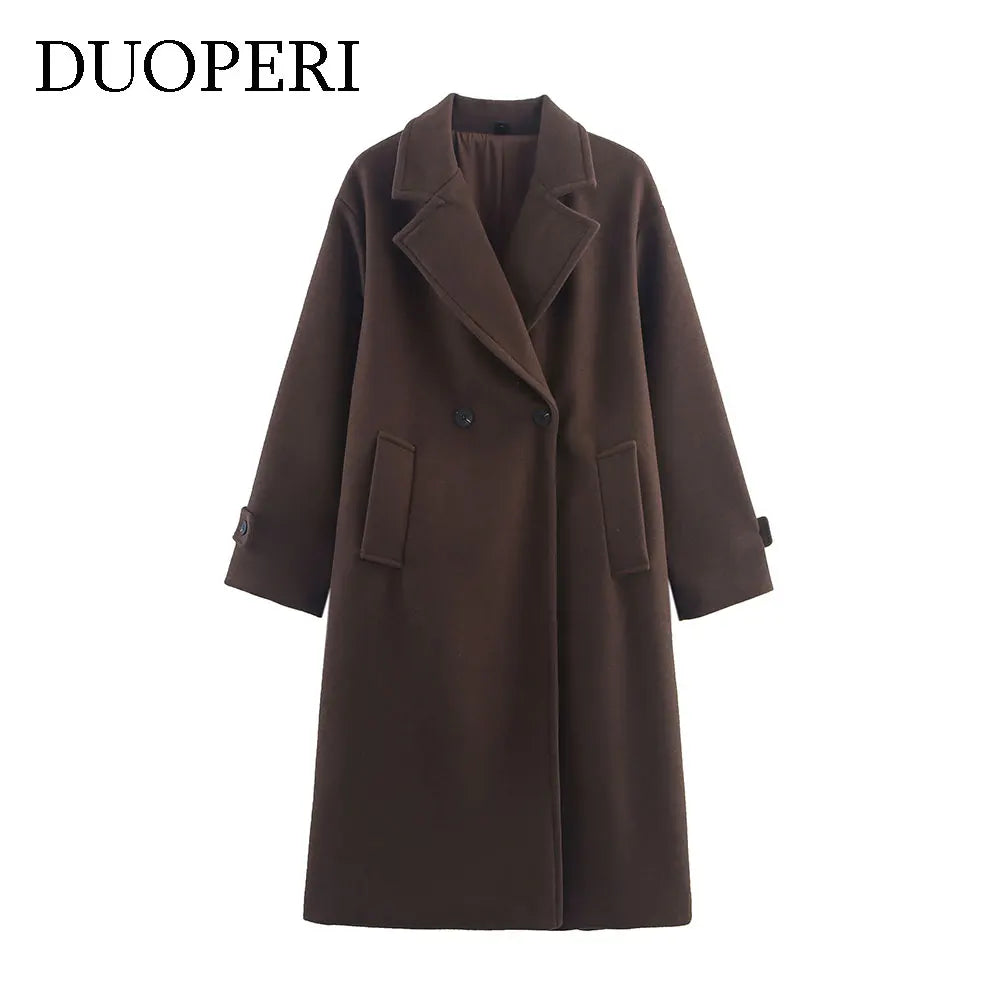 Women's Double-Breasted Woolen Coat – Elegant Long Notch Collar Autumn Winter Coat