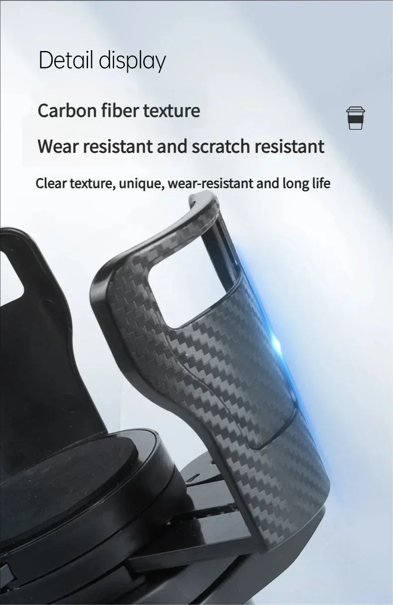 Close-up of a black carbon fiber textured cup holder or mount on a black base, with marketing text reading 'Detail display' and 'Carbon fiber texture', 'Wear resistant and scratch resistant', and 'Clear texture, unique, wear-resistant and long life' on a light gray background.