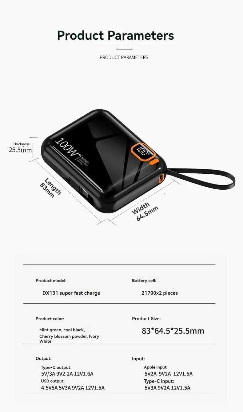 66W Portable Mini Power Bank 20000mAh – Built-in Cable, PD Fast Charging for iPhone & Android